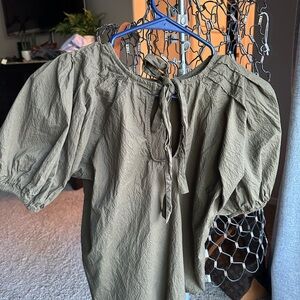 Levi's Green Blouse with Tie Front and Puffed Sleeves
